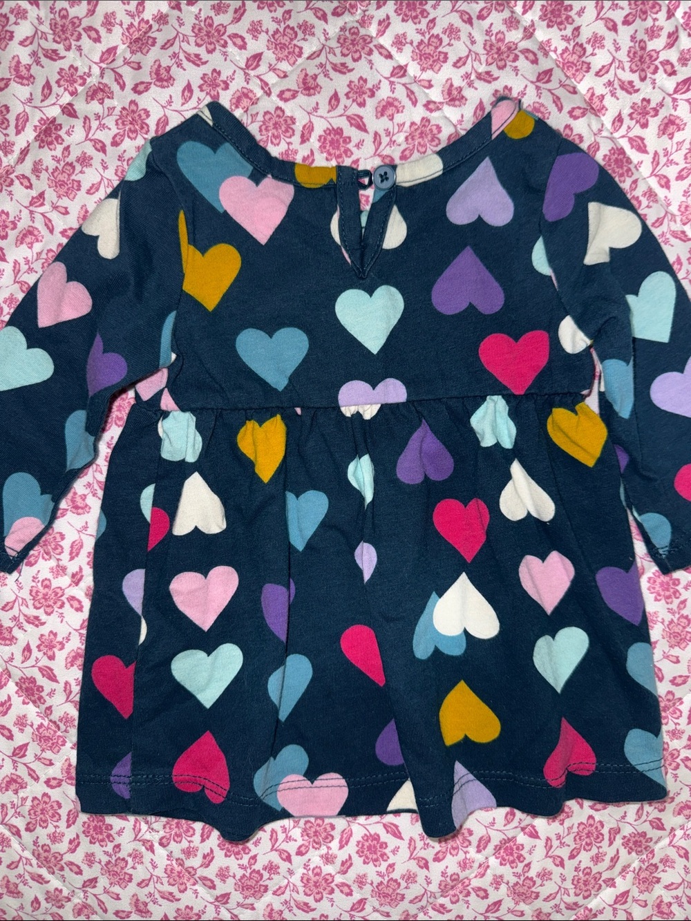 Wonder Nation Navy Heart Print Long Sleeve Dress - Multicolor Hearts 0-3M - Picture 2 of 2